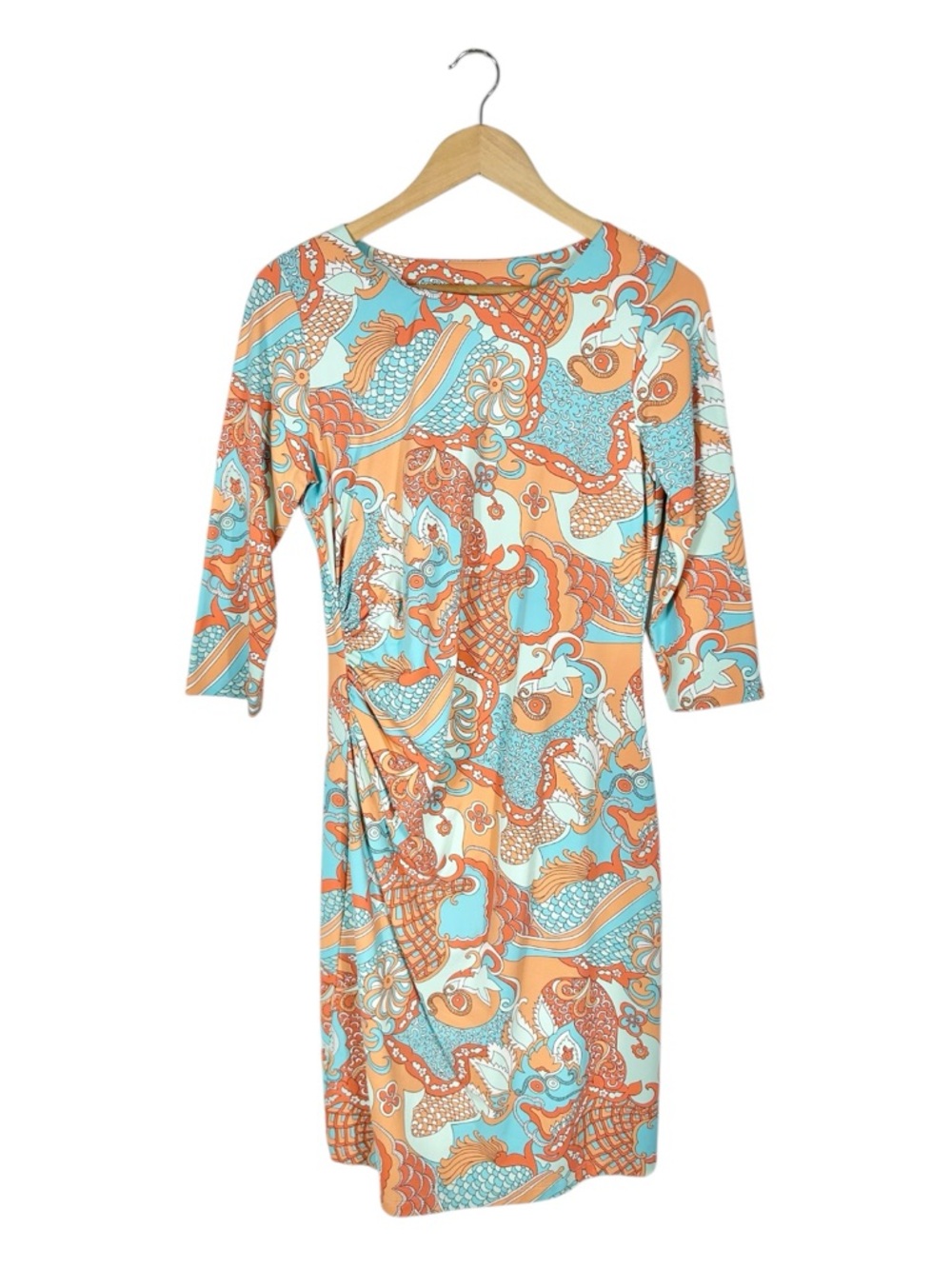 J. McLaughlin Catalina Cloth Floral Ruched Sheath Dress Orange/Blue Size Medium‎